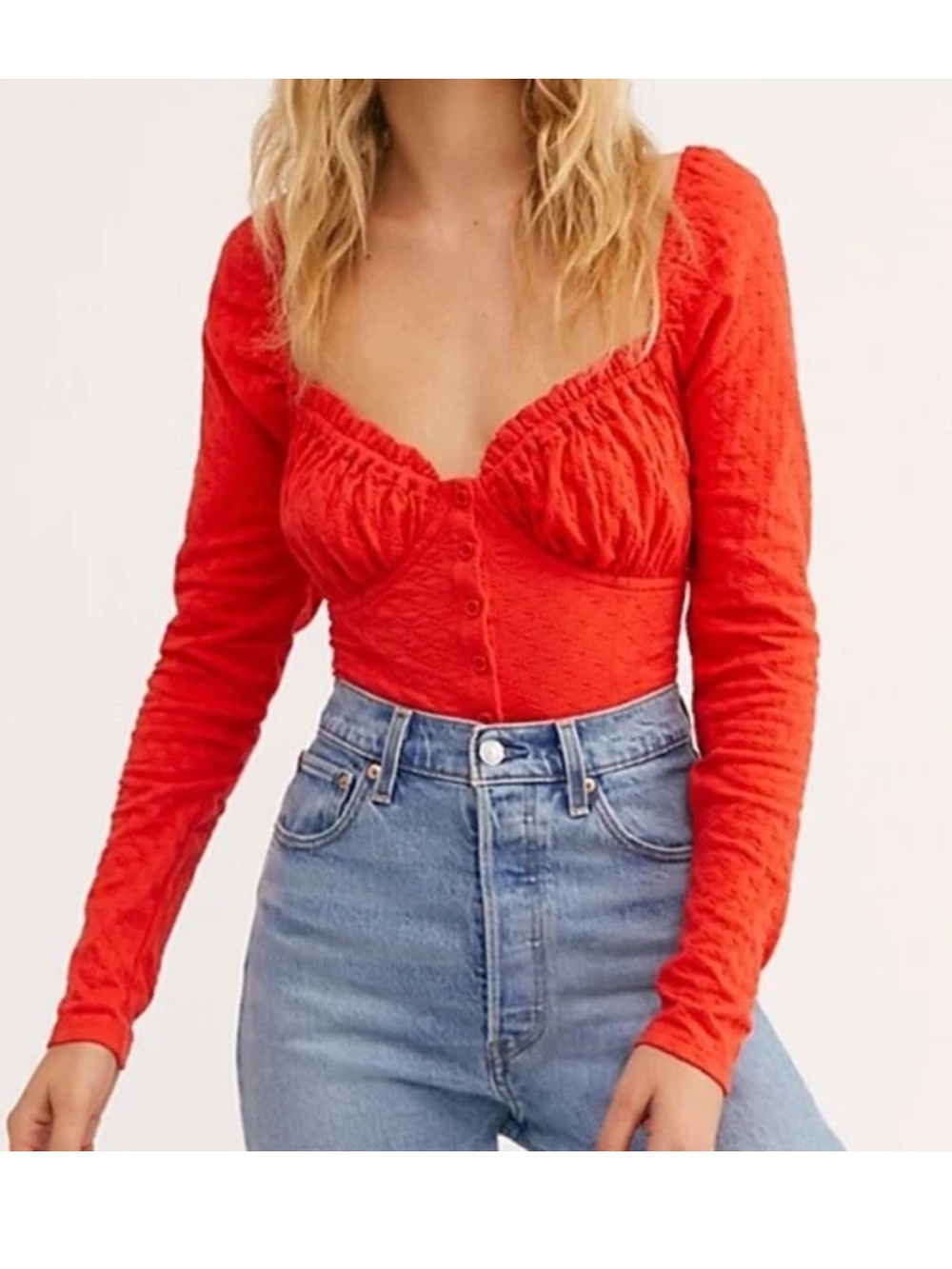 Free People Red Coral Corset Top button up shirt blouse romantic Bohemian M